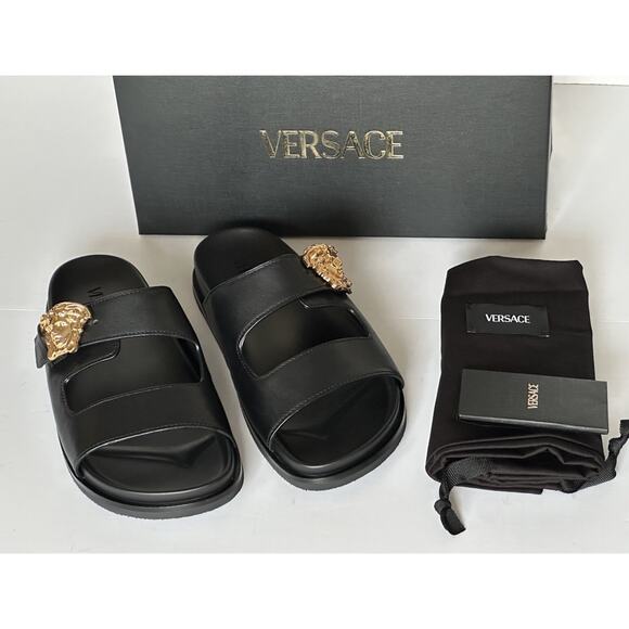 Versace Medusa Black Leather Slides Sandals 12 US (45 Euro) 1020767 NIB $700 - Picture 14 of 16